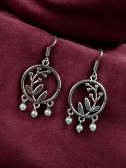 Oxidized German silver leaf & circle hook earrings for daily wear