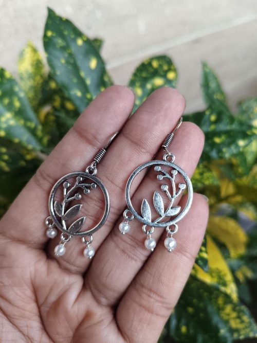 Oxidized German silver leaf and circle hook earrings for daily wear