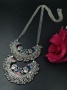 Traditional Silver Plated Peacock Necklace – Handmade Stone Work Best Long Oxidized Jewelry - color: "Multi"
