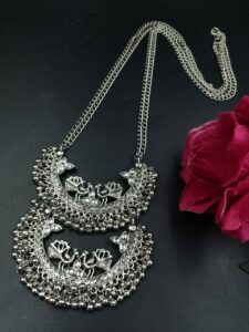 Traditional Silver Plated Peacock Necklace – Handmade Stone Work Best Long Oxidized Jewelry - color: "White"
