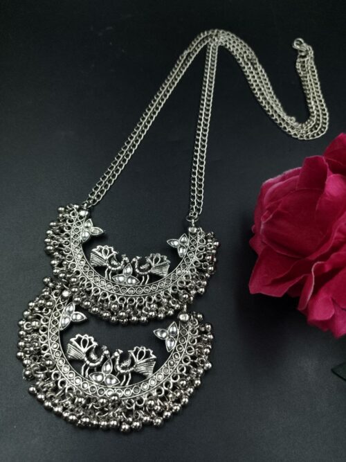 Traditional Silver Plated Peacock Necklace with Stone Work