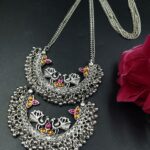 Bulk 112 Traditional Silver Plated Peacock Necklace – Handmade Stone Work Best Long Oxidized Jewelry - "Yellow-Red"