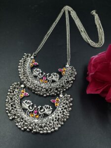 Traditional Silver Plated Peacock Necklace – Handmade Stone Work Best Long Oxidized Jewelry - color: "Yellow-Red"