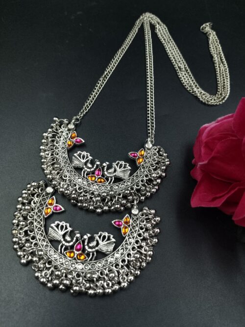 Traditional Silver Plated Peacock Necklace with Stone Work