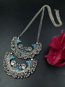 Traditional Silver Plated Peacock Necklace – Handmade Stone Work Best Long Oxidized Jewelry - color: "Aqua"