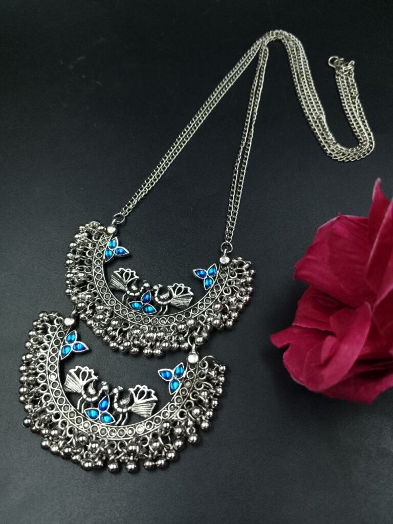 Traditional Silver Plated Peacock Necklace – Handmade Stone Work Best Long Oxidized Jewelry
