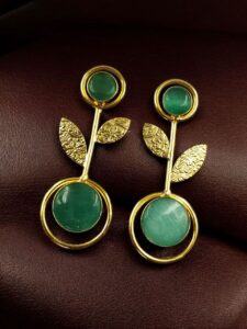 Gold Plated Western Look Earrings | Unique & Ethnic Floral Art with Monalisa Stone Leaf Design - color: "Mint"