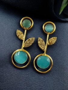 Gold Plated Western Look Earrings | Unique & Ethnic Floral Art with Monalisa Stone Leaf Design - color: "Aqua"