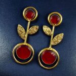 Bulk 96 Gold Plated Western Look Earrings | Unique & Ethnic Floral Art with Monalisa Stone Leaf Design - "Red"
