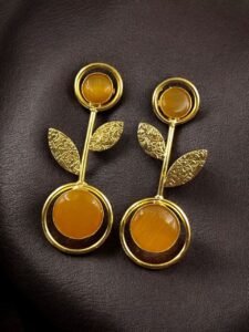 Gold Plated Western Look Earrings | Unique & Ethnic Floral Art with Monalisa Stone Leaf Design - color: "Yellow"