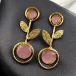Bulk 100 Gold Plated Western Look Earrings | Unique & Ethnic Floral Art with Monalisa Stone Leaf Design - "Baby Pink"