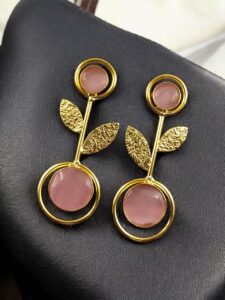 Gold Plated Western Look Earrings | Unique & Ethnic Floral Art with Monalisa Stone Leaf Design - color: "Baby Pink"