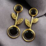 Bulk 102 Gold Plated Western Look Earrings | Unique & Ethnic Floral Art with Monalisa Stone Leaf Design - "Black"