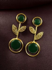 Gold Plated Western Look Earrings | Unique & Ethnic Floral Art with Monalisa Stone Leaf Design - color: "Green"