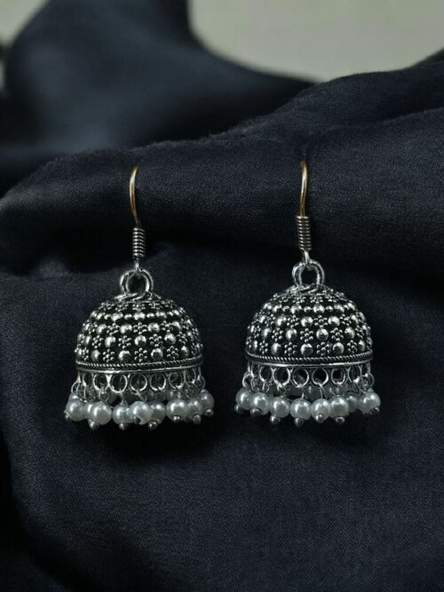 Beautiful pearl work jhumki earrings with hook design for ethnic daily wear.