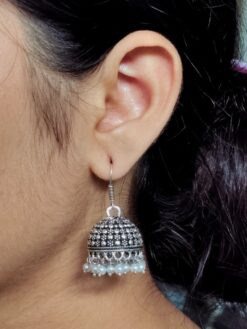Beautiful pearl work jhumki earrings with hook design for ethnic daily wear.