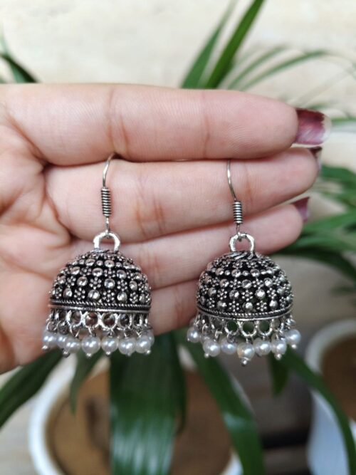 Beautiful pearl work jhumki earrings with hook design for ethnic daily wear.