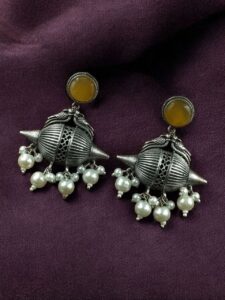 Traditional Look Alike Peacock Earrings | Oxidized Silver Replica Stone & Pearl Work Dangler Unique Jewelry - color: "Yellow"