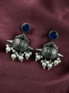Traditional Look Alike Peacock Earrings | Oxidized Silver Replica Stone & Pearl Work Dangler Unique Jewelry - color: "Blue"