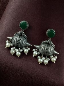 Traditional Look Alike Peacock Earrings | Oxidized Silver Replica Stone & Pearl Work Dangler Unique Jewelry - color: "Green"