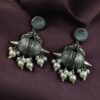 Traditional oxidized silver replica peacock earrings with pearl and stone work.
