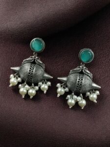 Traditional Look Alike Peacock Earrings | Oxidized Silver Replica Stone & Pearl Work Dangler Unique Jewelry - color: "Mint"