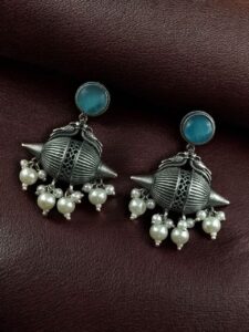 Traditional Look Alike Peacock Earrings | Oxidized Silver Replica Stone & Pearl Work Dangler Unique Jewelry - color: "Aqua"