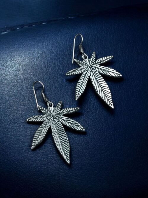 Oxidized silver plated long leaf hook dangler earrings for women.