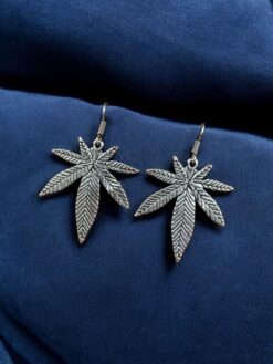 Oxidized silver plated long leaf earrings for women.