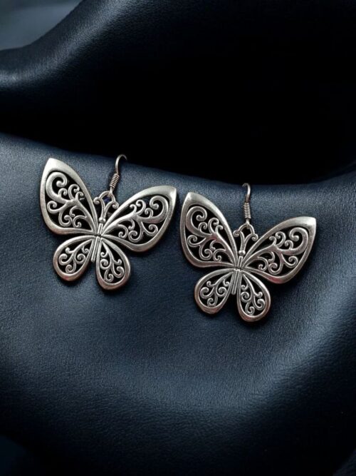 German Silver Floral Art Hook Dangler Butterfly Earrings for Girls