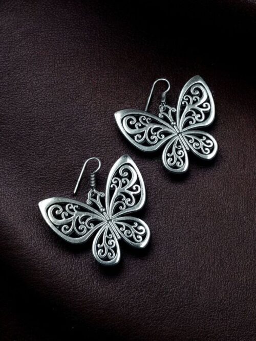 German Silver Butterfly Floral Art Hook Dangler Earrings for Girls