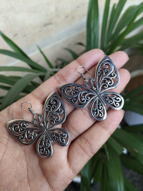German Silver Butterfly Floral Art Hook Dangler Earrings for Girls