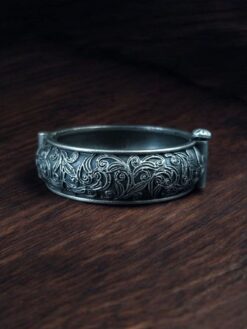 Oxidized floral art bangles free size silver replica kada for women.