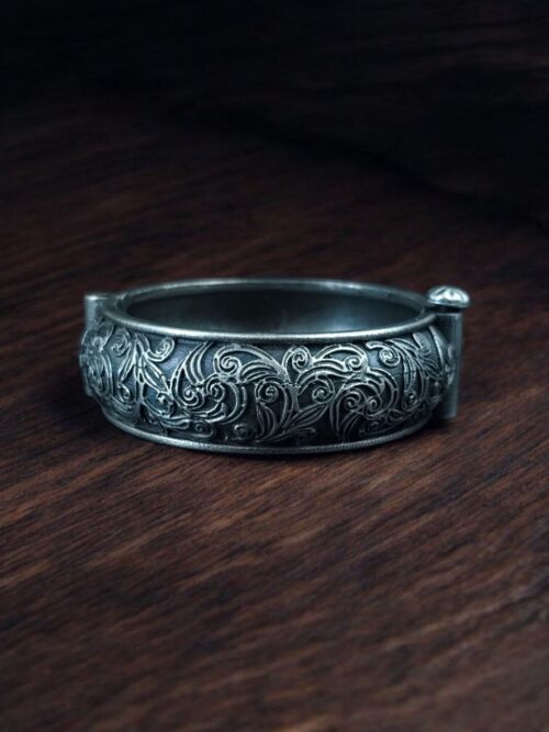 Oxidized floral art bangles free size silver replica kada for women.