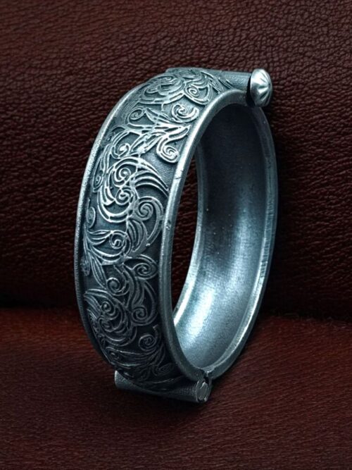 Oxidized floral art bangles free size silver replica kada for women.