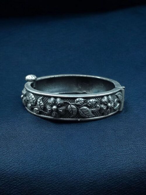 Ethnic Silver Replica Flower Kada Openable Oxidized Bangles for Girls