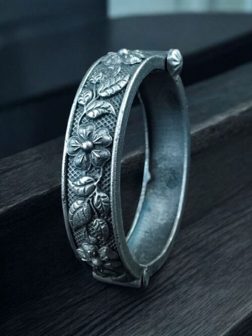 Ethnic Silver Replica Flower Kada Openable Oxidized Bangles for Girls