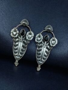 Traditional Oxidized Silver Plated Stud Earrings | Stone & Pearl Work Perfect Gift For Her - color: "Black-White"