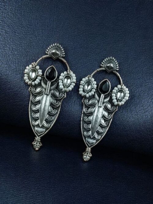 Traditional oxidized silver plated stud earrings with pearl and stone work