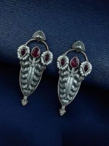 Traditional Oxidized Silver Plated Stud Earrings | Stone & Pearl Work Perfect Gift For Her - color: "Pink"