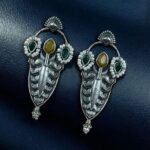 Bulk 30 Traditional Oxidized Silver Plated Stud Earrings | Stone & Pearl Work Perfect Gift For Her - "Yellow-Green"