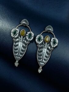 Traditional Oxidized Silver Plated Stud Earrings | Stone & Pearl Work Perfect Gift For Her - color: "Yellow-Green"
