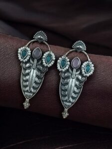 Traditional Oxidized Silver Plated Stud Earrings | Stone & Pearl Work Perfect Gift For Her - color: "Baby Pink-Mint"