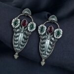 Bulk 34 Traditional Oxidized Silver Plated Stud Earrings | Stone & Pearl Work Perfect Gift For Her - "Red-Green"