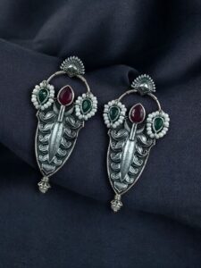 Traditional Oxidized Silver Plated Stud Earrings | Stone & Pearl Work Perfect Gift For Her - color: "Red-Green"