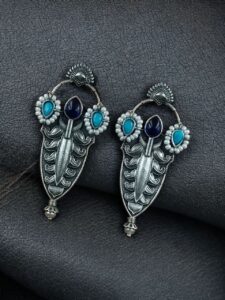 Traditional Oxidized Silver Plated Stud Earrings | Stone & Pearl Work Perfect Gift For Her - color: "Aqua-Blue"