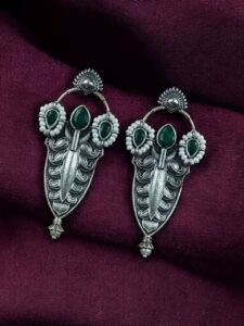 Traditional Oxidized Silver Plated Stud Earrings | Stone & Pearl Work Perfect Gift For Her - color: "Green"
