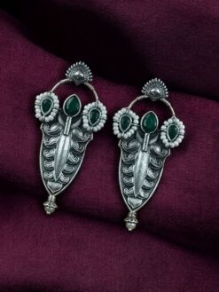 Traditional oxidized silver plated stud earrings with pearl and stone work