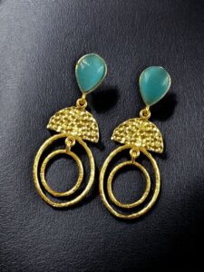 Gold Plated Unique Dangler Earrings | Stone Vintage Look Jewelry for Women - color: "Aqua"