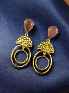 Gold Plated Unique Dangler Earrings | Stone Vintage Look Jewelry for Women - color: "Baby Pink"